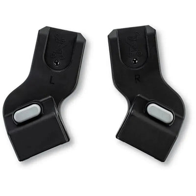 Universal infant car seat adapter for BOB strollers, featuring left and right components with buttons for easy attachment.