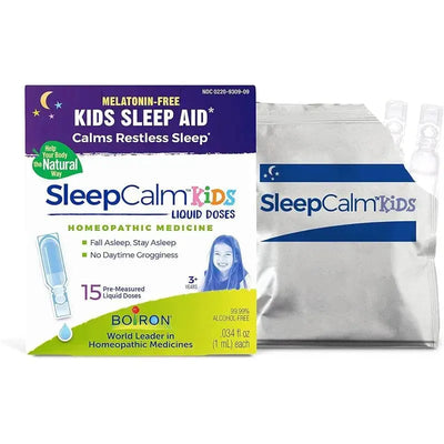 Boiron SleepCalm Kids Liquid Doses sleep aid package, featuring 15 pre-measured doses for calming sleep, alcohol-free.