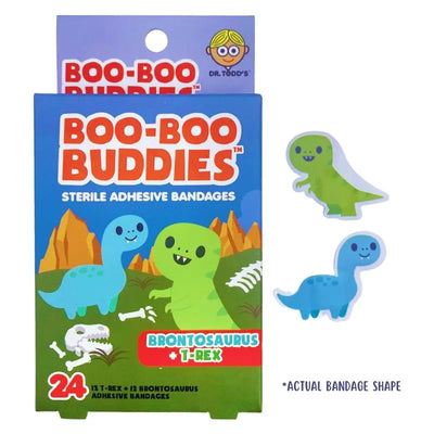 Boo Boo Buddies adhesive bandages featuring a Brontosaurus and T-Rex design, 24 total in a colorful box.