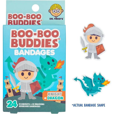Boo Boo Buddies adhesive bandages featuring knight and dragon designs, with a pack containing 24 bandages.