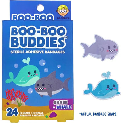 Boo Boo Buddies shark and whale adhesive bandages packaging, featuring cartoon images of a shark and whale, with 24 bandages total.