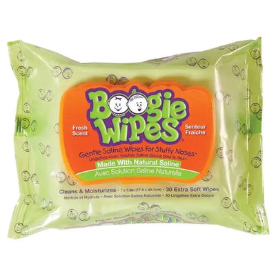 Boogie Wipes pack, 30 count, featuring a bright green design with text highlighting gentle saline wipes for stuffy noses.