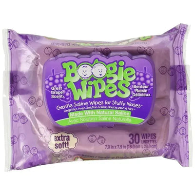 Boogie Wipes, 30-count saline nose wipes in a grape scent, featuring a purple packaging with cartoon characters and text.