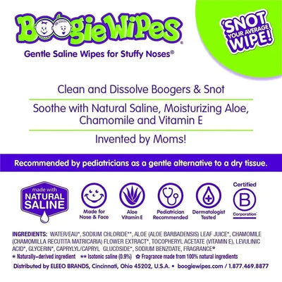 Boogie Wipes saline nose wipes in grape scent, 30-count package, featuring text about soothing boogers and natural ingredients.