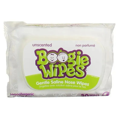 Boogie Wipes Unscented, 30 count package of gentle saline nose wipes, featuring a colorful design with cartoon characters.