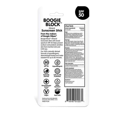 Boogie Block Mineral Sunscreen Stick packaging, SPF 50, hypoallergenic, water-resistant, with UV protection details.