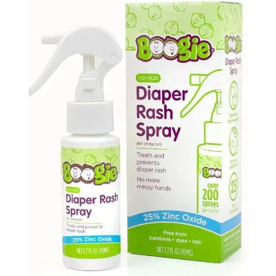 Boogie Wipes No-Rub Diaper Rash Spray in a 1.7 fl oz bottle, designed to treat and prevent diaper rash, features 25% zinc oxide.