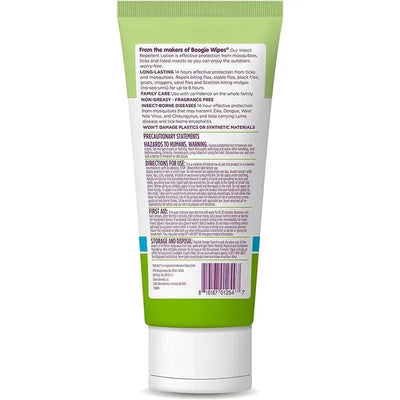 Insect repellent lotion tube from Boogie Wipes, highlighting 14-hour protection against insects, with usage instructions.