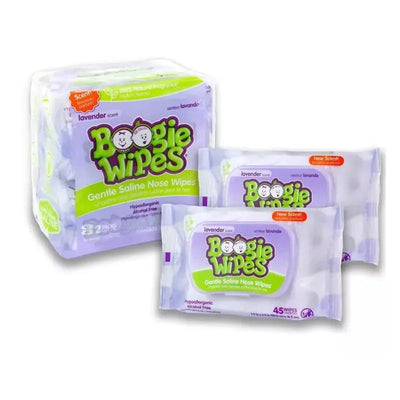 Boogie Wipes Natural Saline, Lavender scent, gentle saline nose wipes in a 90-count packaging with two individual packs visible.