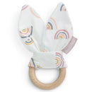 Bunbun teether featuring soft rainbow-patterned ears and a wooden ring, designed for soothing babies.