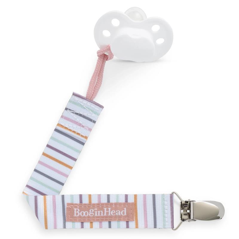 Booginhead 2Pk Bunbun Teether & Pacigrip in Mod Rainbow style featuring a white pacifier attached to a striped strap.