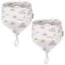Two cotton bandana bibs in pink with rainbow patterns, designed for babies to hold pacifiers.