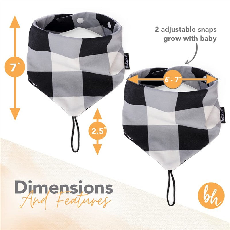 Two adjustable baby bandana bibs in a black and white checkered pattern, showcasing dimensions and features.