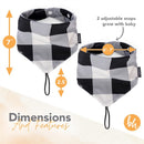 Two adjustable baby bandana bibs in a black and white checkered pattern, showcasing dimensions and features.