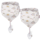 Two pink rainbow-patterned cotton bibs with attached pacifiers, designed as a pacifier holder.