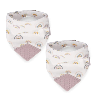 Booginhead Bandana Teether & Pacigrip Bib 2Pk in Mod Rainbow design, featuring soft fabric with rainbow patterns and teething area.