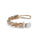 Silicone pacifier clip in latte color featuring round beads and a secure metal clasp for easy attachment.