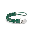 Silicone pacifier clip in pine green, featuring a textured design and a metal clasp for secure attachment.