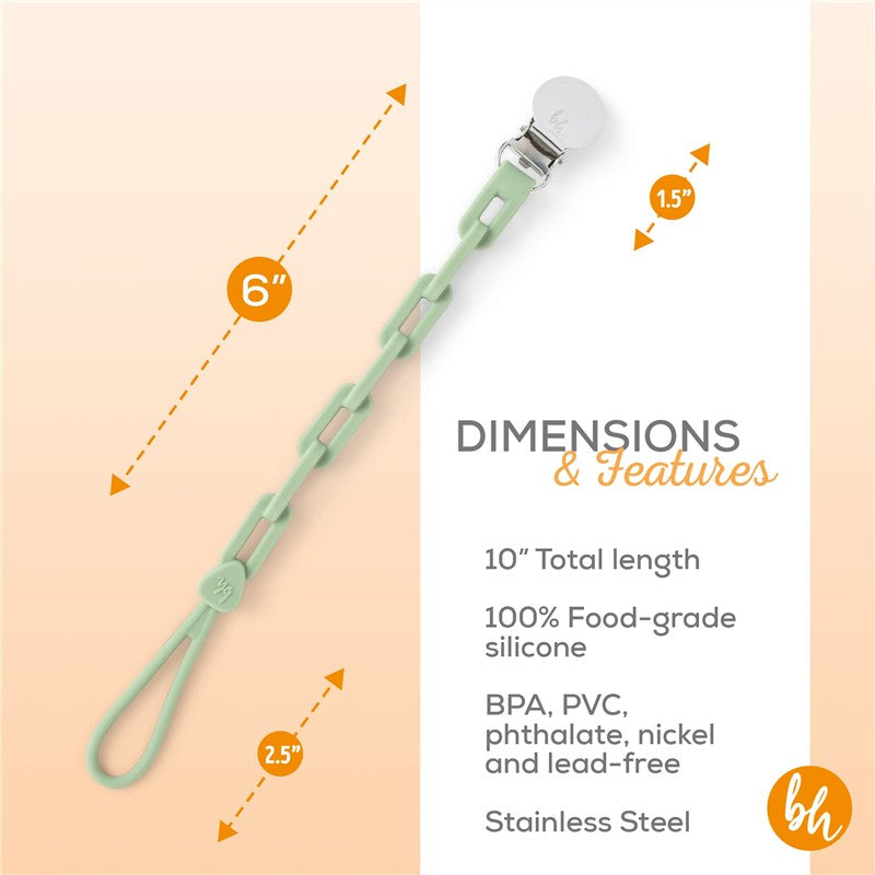 Sage green silicone pacifier clip with a stainless steel clasp, measuring 10 inches in total length, safe for baby use.
