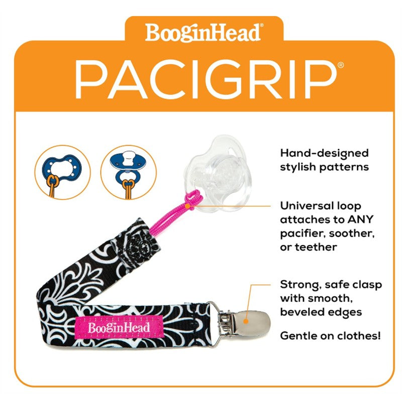 Black and white floral pacifier grip with a pink loop, featuring a strong clasp for secure attachment to pacifiers or teething toys.