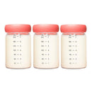 Set of three transparent glass milk storage containers with pink lids, marked with measurement scales in milliliters and ounces.
