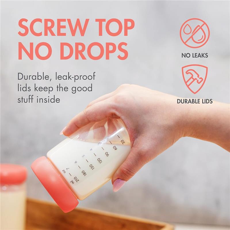 Boon 3Pk Cache Glass Milk Storage with a hand holding a jar displaying a screw-top lid and measurement markings, emphasizing leak-proof durability.