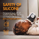 Boon 3Pk Nursh Curve Bottle Nipples, Slow Flow, shown with a baby drinking; highlights safety and food-safe silicone features.