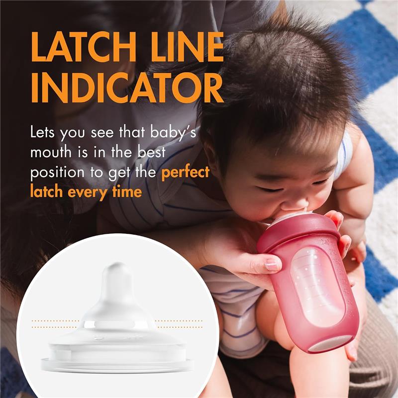 Boon 3Pk Nursh Curve Bottle Nipples, Slow Flow, with Latch Line Indicator, helping ensure a proper latch for the baby.