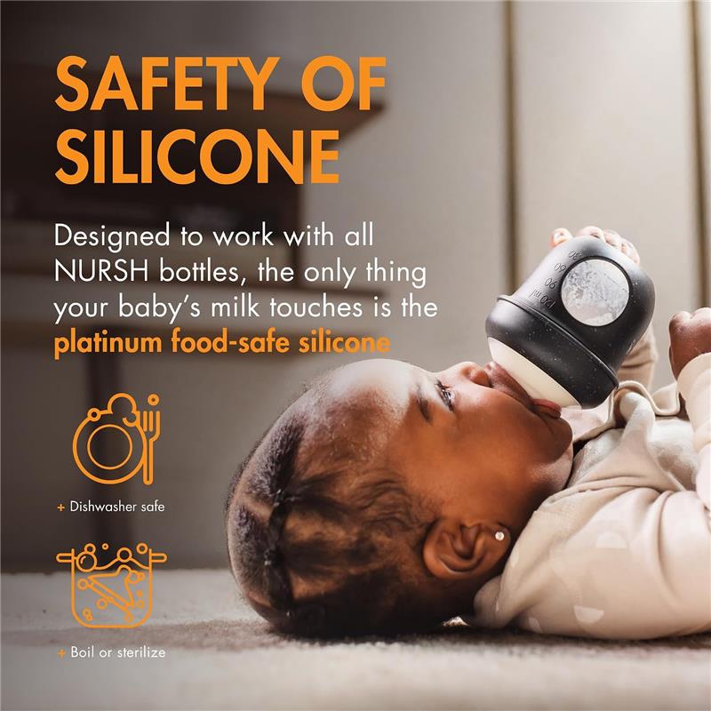 Boon 3Pk Nursh Curve silicone bottle nipples for preemie flow, featuring a baby feeding from a bottle made of food-safe silicone.