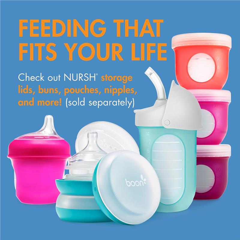 Silicone baby bottles in pastel colors; includes pink, blue, and clear bottles. Text highlights features and accessories.