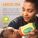 Silicone baby bottle in hand, featuring colorful design; mother and baby engaged in feeding. Text highlights benefits of nipple design.