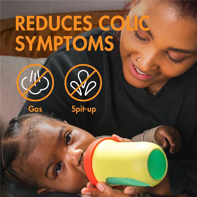 Boon 3Pk Nursh Silicone Baby Bottles, 8 oz, in Color Block; highlights colic symptom reduction with icons for gas and spit-up.