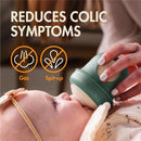 Boon 4 Oz Nursh silicone baby bottle in green speckle, reducing colic symptoms, with graphics indicating it helps with gas and spit-up.