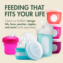 Boon 8 oz Nursh silicone baby bottles in speckle green, with additional storage lids and pouches, feature measurement markings.
