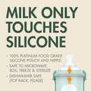 Boon 8 oz Nursh silicone baby bottle in speckle green with text emphasizing safety and material benefits.