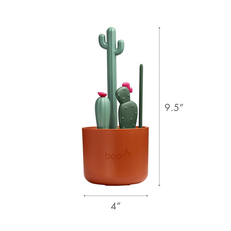 Boon Cacti Bottle Cleaning Brush Set with three colorful cactus-shaped brushes in an orange pot, measuring 9.5 inches tall.