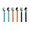 Toddler stainless steel spoon and fork set in mint, orange, and navy with textured soft grips, six utensils total.