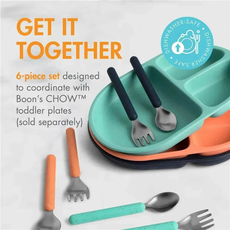 Toddler utensil set from Boon CHOW™, featuring stainless steel fork and spoon with colorful handles, dishwasher safe.