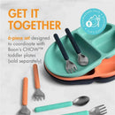 Toddler utensil set from Boon CHOW™, featuring stainless steel fork and spoon with colorful handles, dishwasher safe.