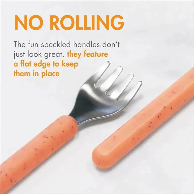 Toddler stainless steel spoon and fork set with speckled handles, featuring a flat edge to prevent rolling.