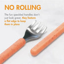 Toddler stainless steel spoon and fork set with speckled handles, featuring a flat edge to prevent rolling.