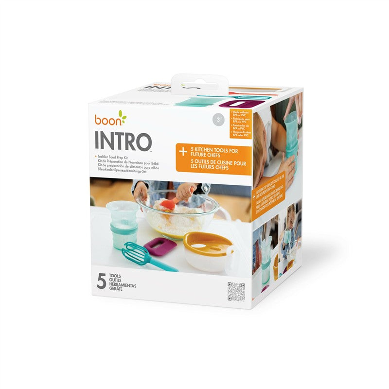 Boon INTRO Toddler Food Prep Set packaging displaying various colorful kitchen tools for kids, including a mixing bowl and utensils.