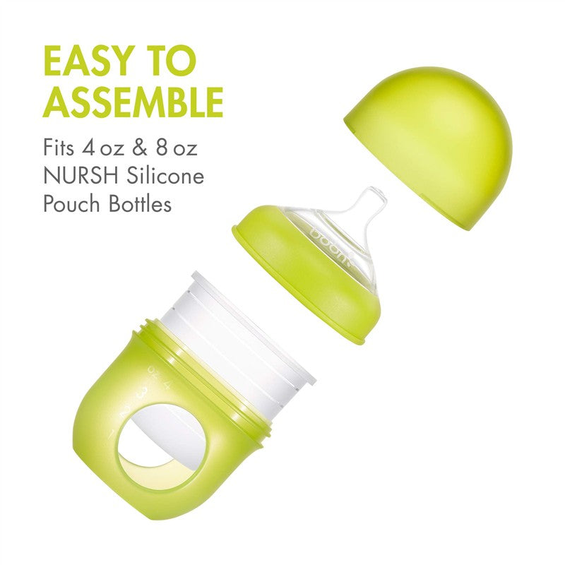 Boon NURSH Silicone Bottle Nipples 3-Pack in medium flow, with a lime green assembly design for 4 oz and 8 oz bottles.