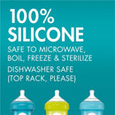 Boon NURSH Silicone Bottle Nipples 3-Pack - three brightly colored nipples showcasing 100% silicone, safe for microwaving and sterilizing.