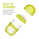 Boon NURSH Silicone Bottle Nipples in green, designed for 4 oz and 8 oz silicone pouch bottles. Easy to assemble.