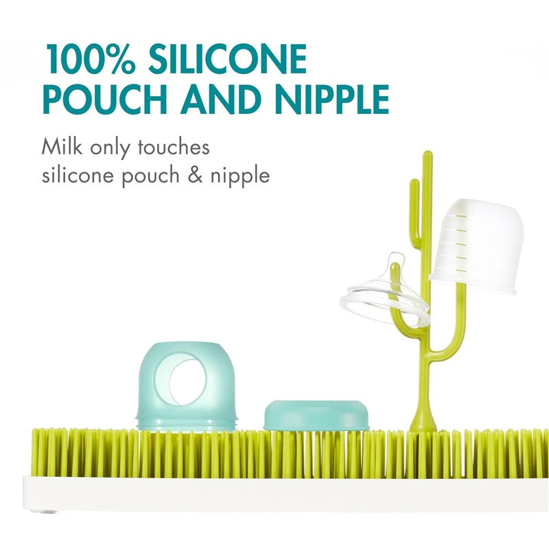 Boon NURSH Silicone Pouch Bottles in blue, 4 oz, displayed with silicone pouches and a drying rack.