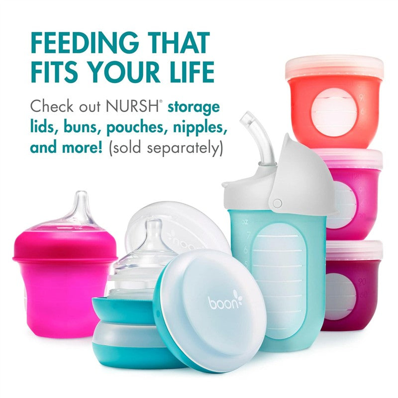 Boon NURSH Silicone Pouch Bottles 3-Pack in blue, 4 oz, featuring a nipple and easy-squeeze design, with pink and purple pouches behind.