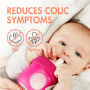 Boon NURSH pink silicone bottle being held by a baby; text highlights benefits: reduces gas and spit-up.