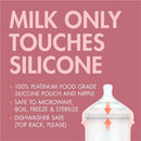 Boon NURSH Silicone Pouch Bottles 3-Pack in pink, 4 oz, highlighting features like 100% food-grade silicone and safe cleaning methods.