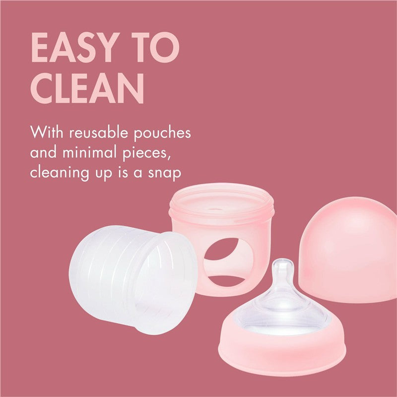 Boon NURSH 3-Pack Silicone Pouch Bottles in pink, highlighting easy-to-clean features with reusable pouches and minimal parts.